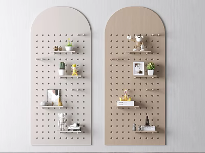 Arched Perforated Wooden Wall Decor With Small Plants Ornaments Photo Frames And Shelves 3d model