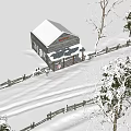 Wooden Detached Villa with Snow Covered Roof and Porch Surrounded by Winter Trees