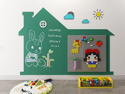 Green House Shaped Kids Playroom Background Wall With Chalk Art Rabbit Tree And Building Blocks 3d model
