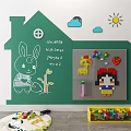 Green House Shaped Kids Playroom Background Wall With Chalk Art Rabbit Tree And Building Blocks