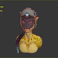 Fantasy Themed Sculpture Carving With Blue Helmet Purple Face Yellow Torso And Long Tail