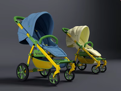 Colorful Baby Strollers With Blue Beige Canopies And Yellow Green Frames 3d model