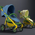 Colorful Baby Strollers With Blue Beige Canopies And Yellow Green Frames