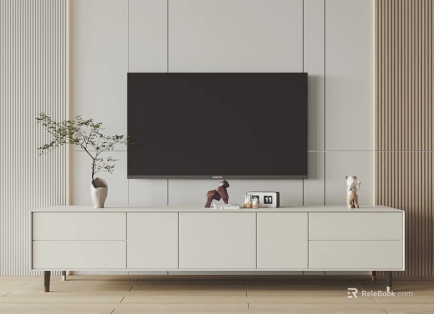 Modern TV Stand With Sleek Design Storage Drawers And Decorative Items In Living Room 3d model 