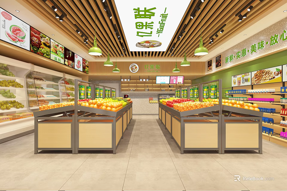 Bright Fruit Store Interior with Wooden Decor and Various Fresh Fruits on Display Counters 3d model 