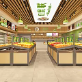 Bright Fruit Store Interior with Wooden Decor and Various Fresh Fruits on Display Counters