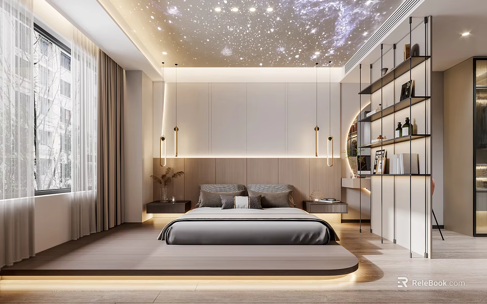 Modern Bedroom Interior With Starry Ceiling Platform Bed Bedside Lighting And Bookshelves 3d model