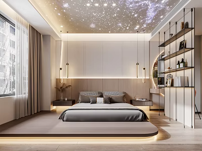 Modern Bedroom Interior With Starry Ceiling Platform Bed Bedside Lighting And Bookshelves 3d model
