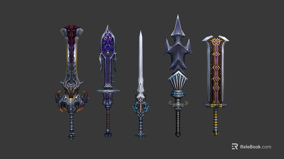 Five Different Decorative Swords With Intricate Designs And Mythical Weapon Details 3d model