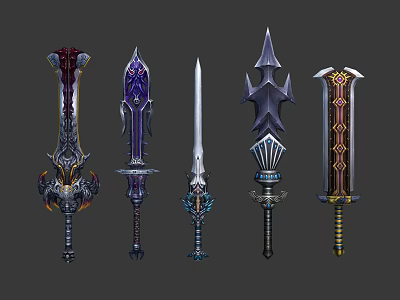 Five Different Decorative Swords With Intricate Designs And Mythical Weapon Details 3d model