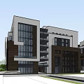 Modern Office Building Exterior Design With Glass Facade Trees And Reflective Ground