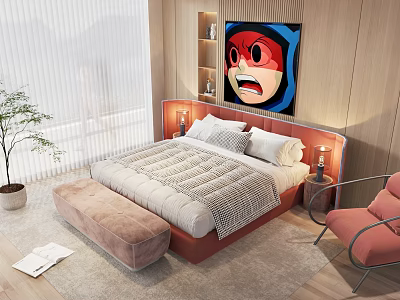 Double Bed With Red Headboard And Colorful Wall Art Accent Chair Footstool And Table Lamps 3d model