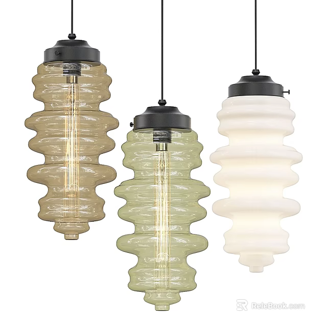 Three Colored Glass Pendant Lights with Wavy Design Beige Green White and Black Base 3d model 