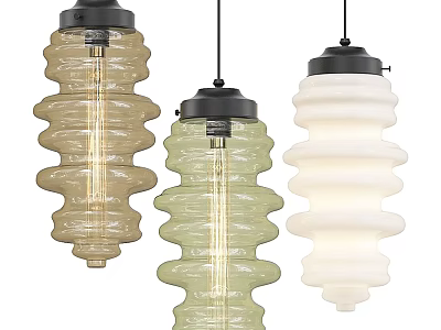 Three Colored Glass Pendant Lights with Wavy Design Beige Green White and Black Base 3d model