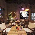 Industrial Style Bar Interior with Wine Racks Neon Sign Tables Chairs and Warm Lighting