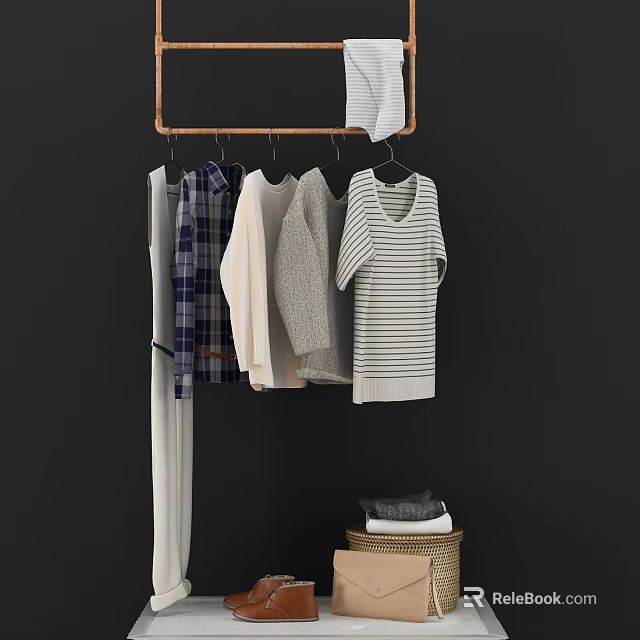 Clothes Hanging On Wall Mounted Rack With Various Styles And Folded Basket 3d model 