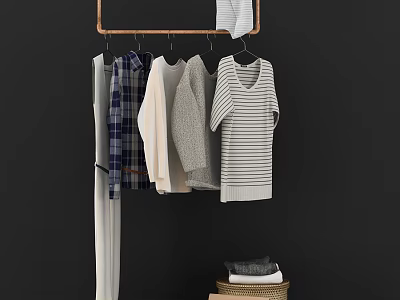Clothes Hanging On Wall Mounted Rack With Various Styles And Folded Basket 3d model