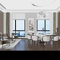 Modern Private Dining Room With Round Table Chairs Sofa And Floor to Ceiling Windows 3d model