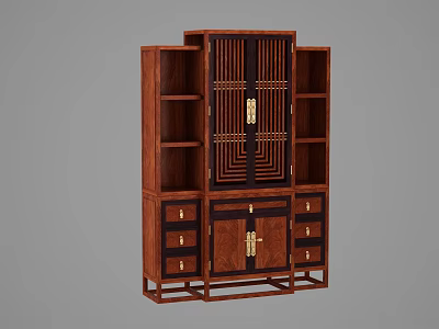 Dark Brown Chinese Decorative Cabinet With Symmetrical Design Geometric Pattern Doors Drawers Open Shelves 3d model
