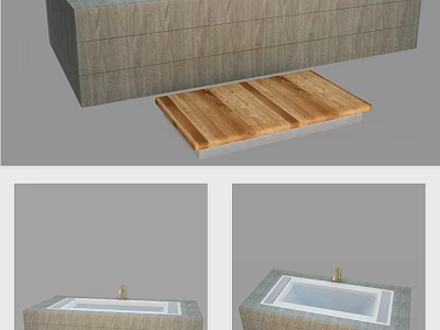 Modern Gray Bathtub Interior Design With Wooden Plank And Brass Faucet 3d model