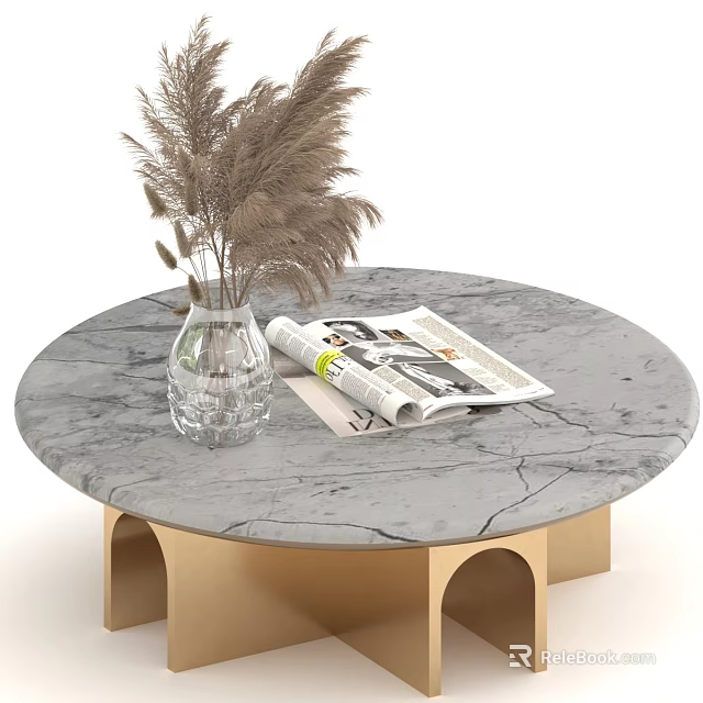 Round Marble Table with Wooden Legs and Glass Vase Holding Dried Grass with Open Magazine 3d model 