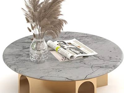 Round Marble Table with Wooden Legs and Glass Vase Holding Dried Grass with Open Magazine 3d model