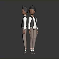3D Game Movie Character Two Views With White Shirt Black Vest Khaki Pants Gray Shoes