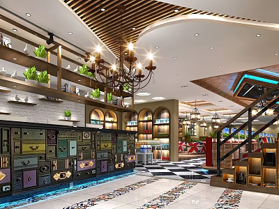 Modern Internet Cafe Interior Design With Chandelier Green Plants Bookshelves And Colorful Decor 3d model