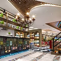 Modern Internet Cafe Interior Design With Chandelier Green Plants Bookshelves And Colorful Decor