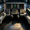 Modern Industrial Equipment Control Console with Multiple Displays Panels Buttons and Indicators