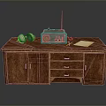Classic Wooden Desk With Vintage Radio Headphones Notebook Pen And Storage Drawers