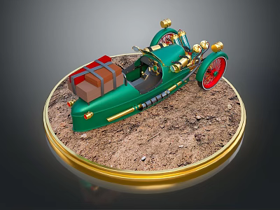 Green Vintage Car With Red Wheels Gold Accents Brown Box On Gold Base With Soil 3d model