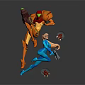 Blue Clad Character and Orange Mechanical Creature in Dynamic Jumping Pose With Circular Shields 3d model