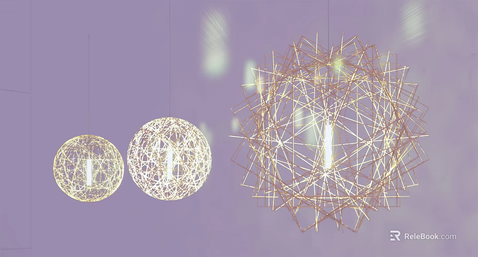 Three Modern Spherical Wireframe Chandeliers Hanging With Light Effects On Purple Background 3d model 
