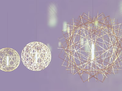 Three Modern Spherical Wireframe Chandeliers Hanging With Light Effects On Purple Background 3d model