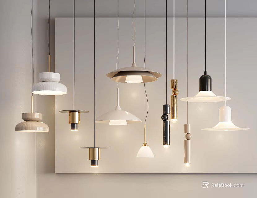 Various Modern Pendant Lights In Different Shapes And Colors 3d model