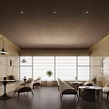 Open Modern Elegant Office With Floor to Ceiling Windows Wooden Ceiling Sofas and Coffee Tables