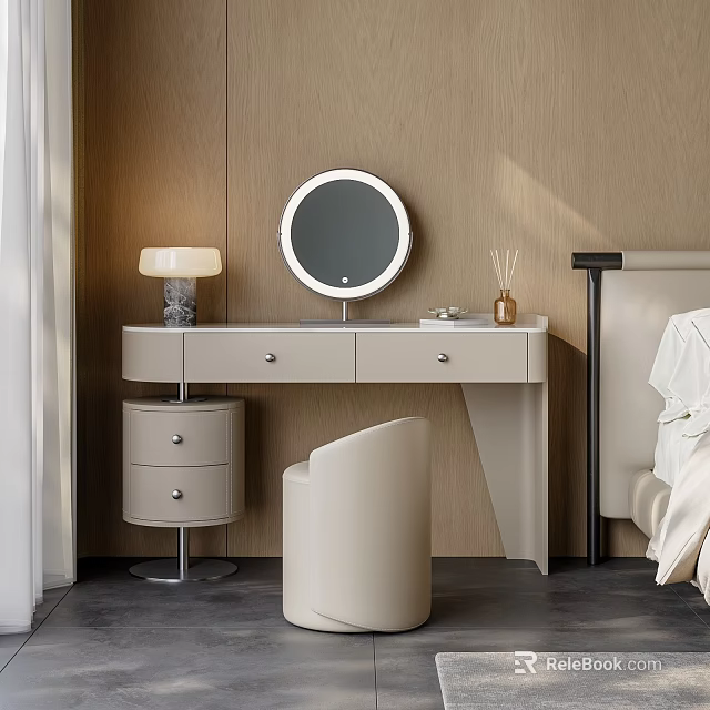 Modern Dressing Table with Round Mirror Small Cabinet Chair and Wooden Wall Decor 3d model 