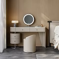 Modern Dressing Table with Round Mirror Small Cabinet Chair and Wooden Wall Decor