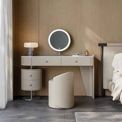 Modern Dressing Table with Round Mirror Small Cabinet Chair and Wooden Wall Decor 3d model