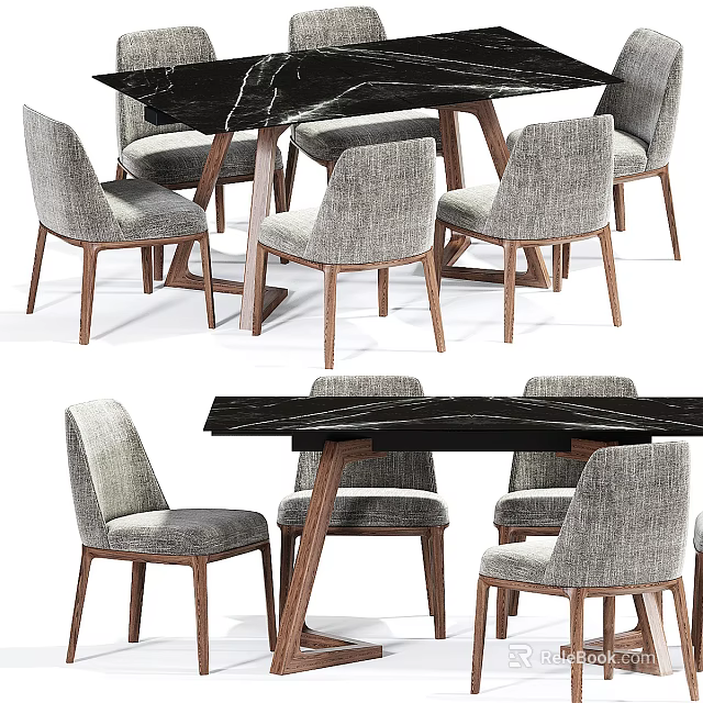 Modern Dining Table Set With Grey Fabric Chairs And Black Marble Tabletop 3d model