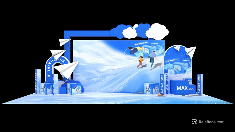 Blue Themed Photo Spot With Clouds Paper Planes MAX Sign And Skiing Figures 3d model 