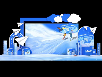 Blue Themed Photo Spot With Clouds Paper Planes MAX Sign And Skiing Figures 3d model