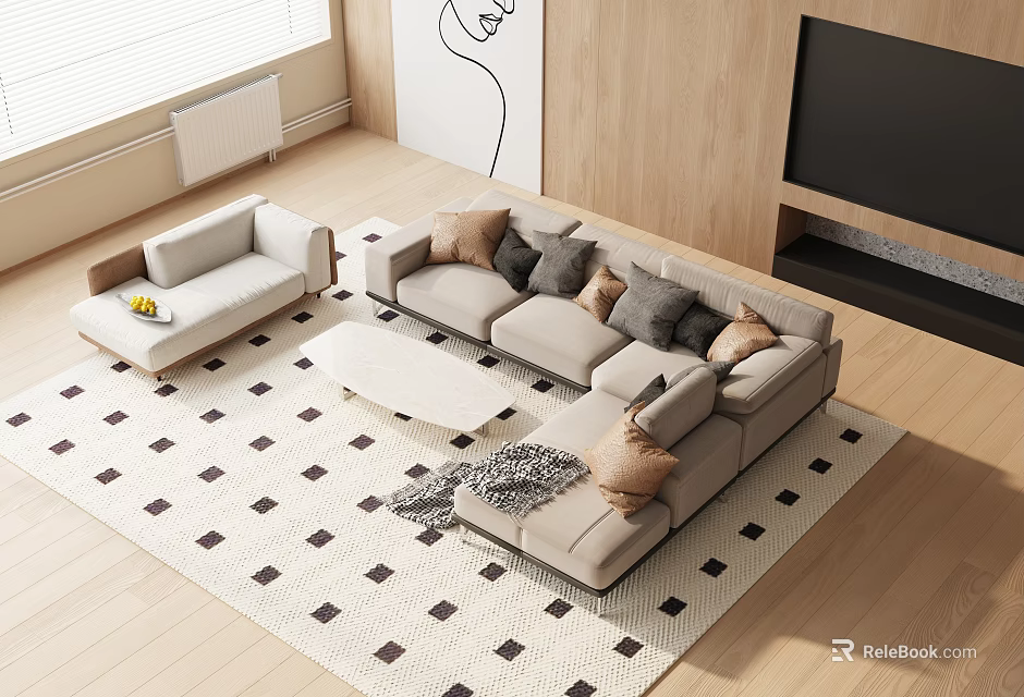 Modern Light Gray Sofa And White Coffee Table Set With Throw Pillows And Patterned Rug 3d model