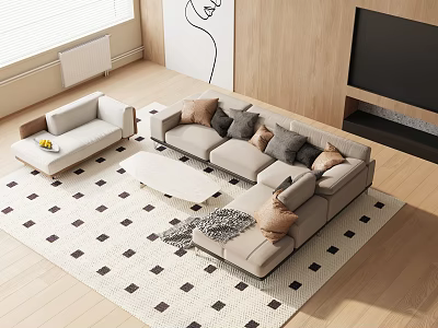 Modern Light Gray Sofa And White Coffee Table Set With Throw Pillows And Patterned Rug 3d model