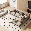 Modern Light Gray Sofa And White Coffee Table Set With Throw Pillows And Patterned Rug 3d model