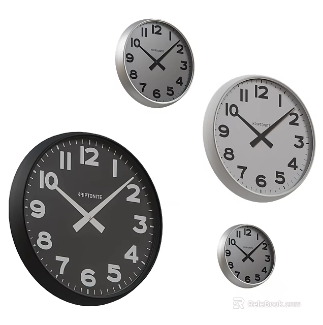 Modern Black Silver Clocks With Numeric Dials Classic Hands And Different Sizes 3d model 