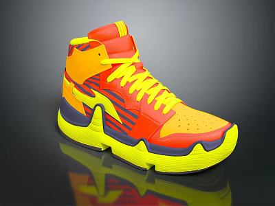 High Top Basketball Shoes with Vibrant Red Yellow Orange and Blue Striped Athletic Design 3d model