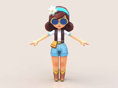 Cartoon Woman With Star Hairband Blue Sunglasses White Top Denim Shorts And Yellow Boots 3d model