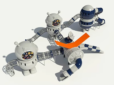 Fun Space Themed Children's Playground Equipment With Robot Shaped Structures Slides And Connecting Bridges 3d model